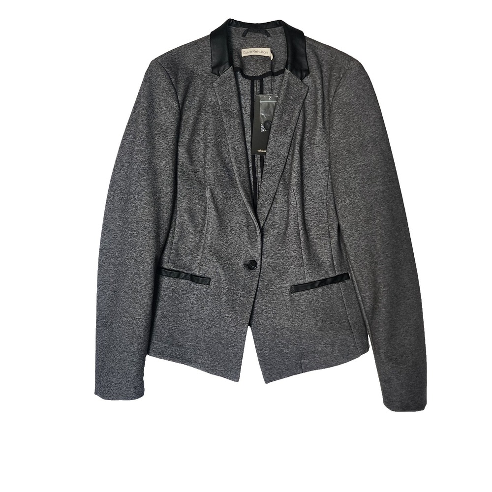 CALVIN KLEIN Women Faux Leather Collar Workwear Blazer Jacket Heather Gray Lg